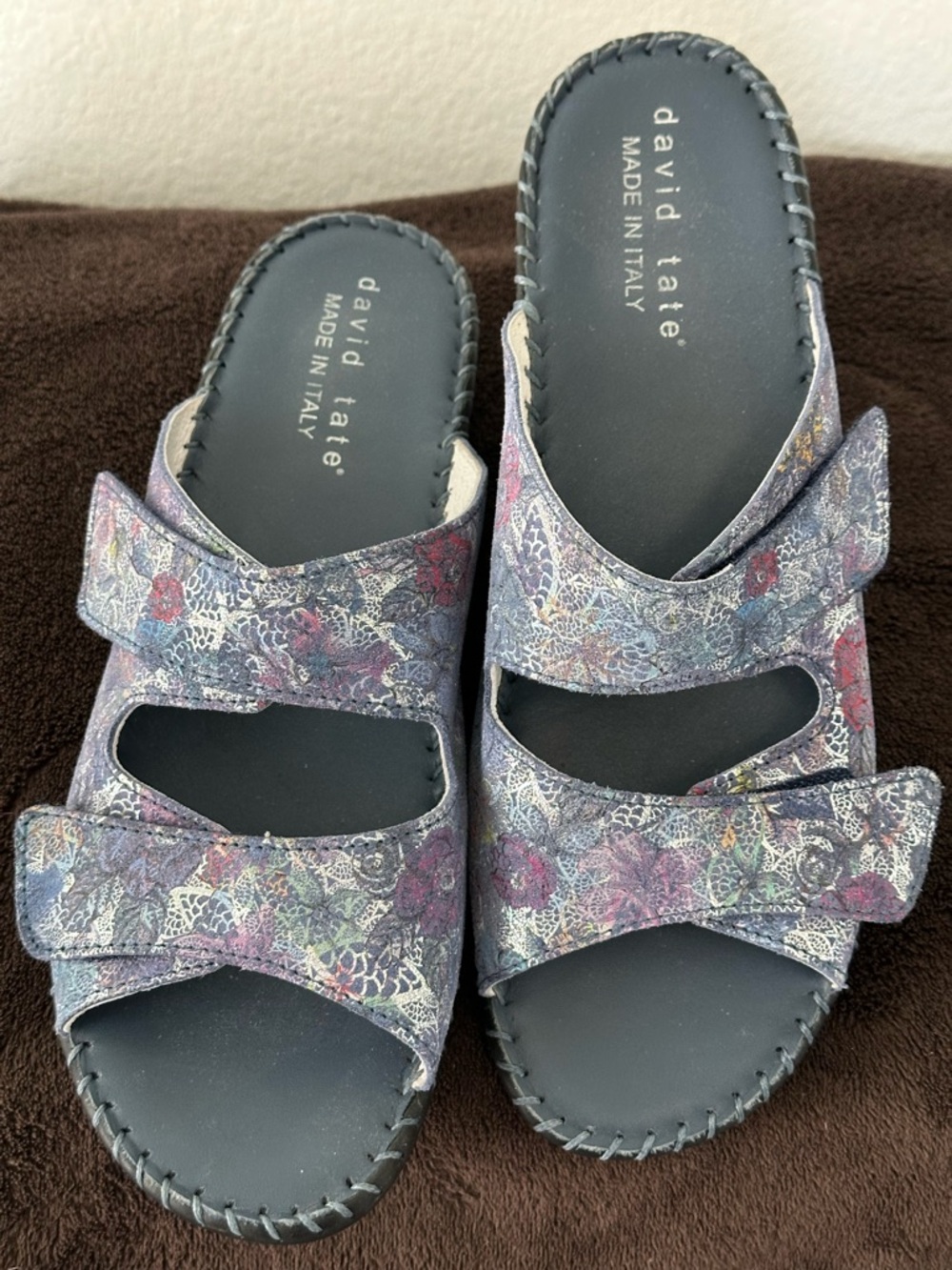 David Tate Metallic Floral Double-Strap Slide Sandals — Purple, Blue, Pink